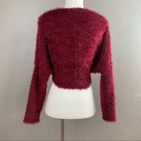 Fashion Nova red wine fuzzy cropped tie sweater - Picture 5 of 9